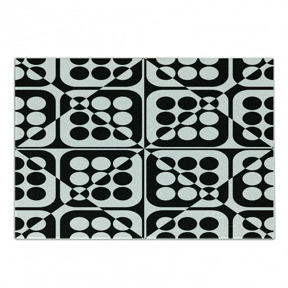Abstract Cutting Board, Illustration of Monochrome Diagonal Squares with Polka Dots, Decorative Tempered Glass Cutting and Serving Board, in 3 Sizes, by Ambesonne
