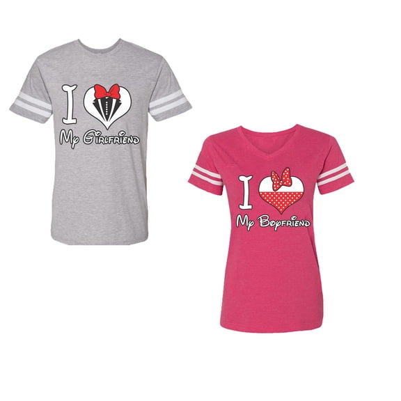 I Love My BF GFUnisex Couple Matching Cotton Jersey style T-Shirt Contrasting stripes on sleeves (Men Heather / Women Pink) (Men S / Women XL)