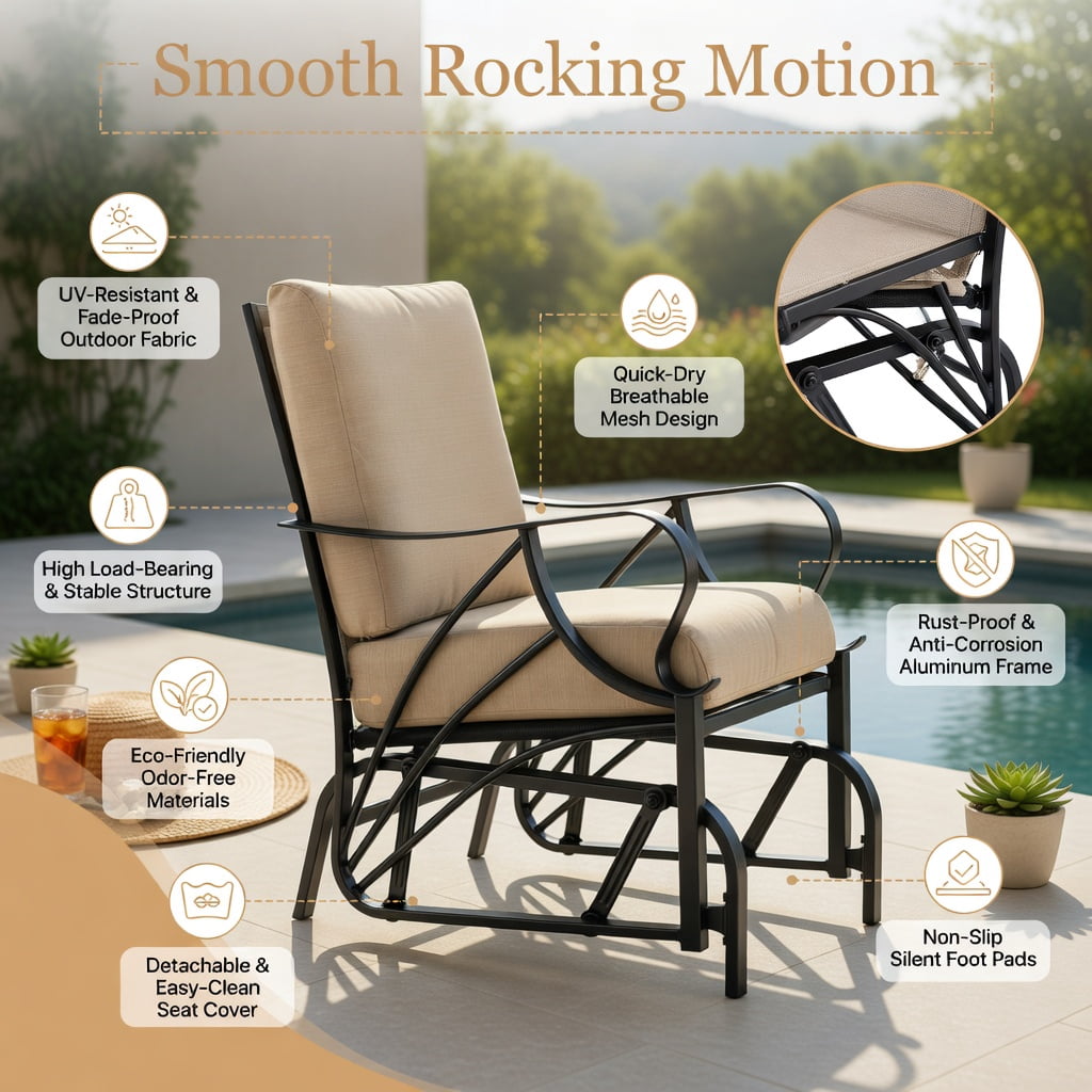 Hommoo Patio Glider Rocking Chair with Thick Padded Cushion, Curved Armrests & Sturdy Metal Frame, Outdoor Relaxation Seating for Deck, Porch or Garden, Black