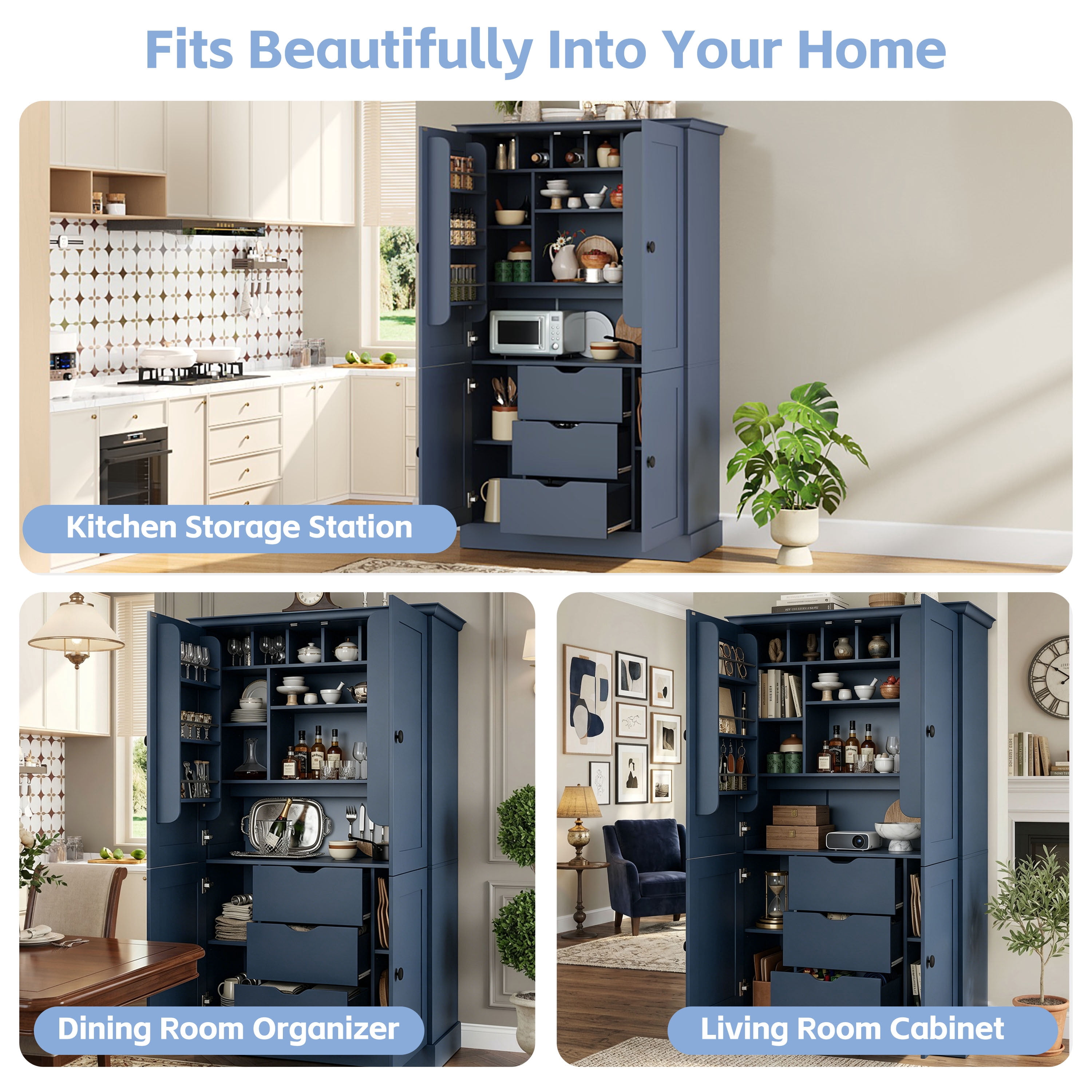 Euroco 70.9" Kitchen Pantry Cabinet with 3 Drawers, Farmhouse Tall Storage Cabinet with 6 Door Shelves, Removable Shelves and 6 Wine Racks,Freestanding Cupboard for Dining Room,Blue