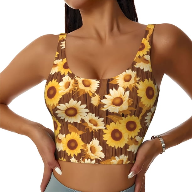 Balery Vintage Wood Grain Sunflower B Sujetadores deportivos con espalda cruzada para mujer, acolchados, sin costuras, de alto impacto, ideales para yoga, gimnasio, entrenamiento y fitness.-Medium