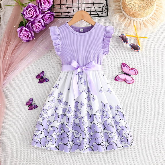 OOOUM Girls Flowers Bowknot Dresses Set Ruffle Sleeves Crewneck A Line Dress With Belt Matching Sets Girls Summer Outfits Sets Summer Outfits Purple 7-8 Years