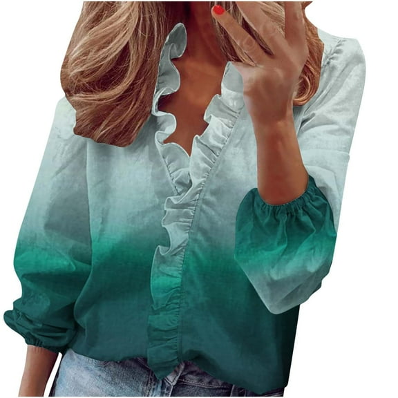 Scyoekwg Womens Going Out Tops Long Sleeve V-Neck Ruffle Dressy Comfy Shirts Gradient Color Graphic Tee Loose Fall Clothes Lightweight Blouses (Dark Blue,L)