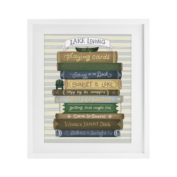 Stupell Industries Lake Living Book Stack White Framed Print Under Glass, design by Giao Williams