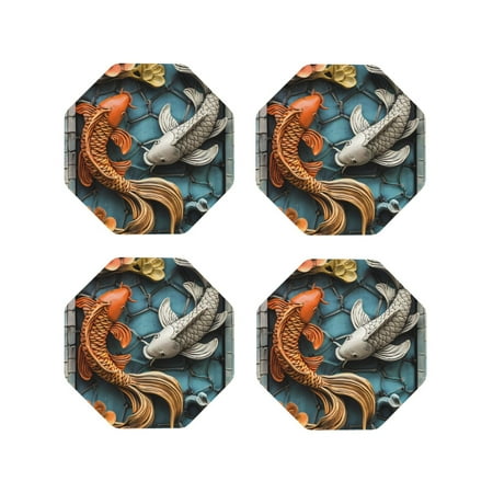 

Tideii Colorful Koi Fish Art for Leather Coasters 4 Pieces Anti-fouling and Anti-scalding Decorative Coasters Suitable for Restaurants Kitchens Coffee Shops-Octagon