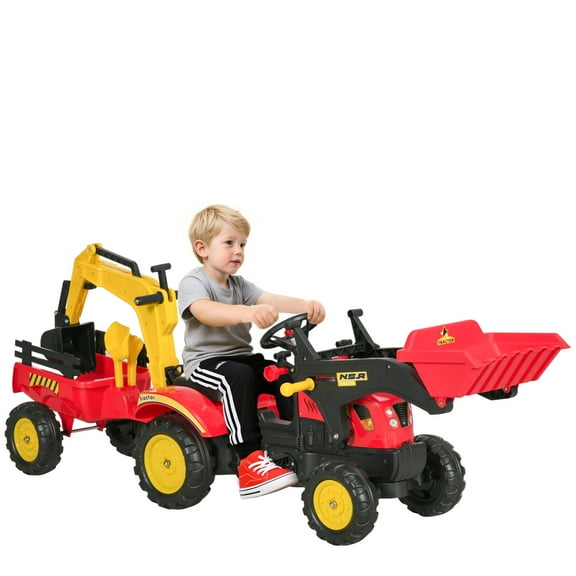 Kids Ride-On Excavator Toy Car with Functional Bucket, Pedal-Powered, for Ages 3-6, 77 lbs Capacity, Red