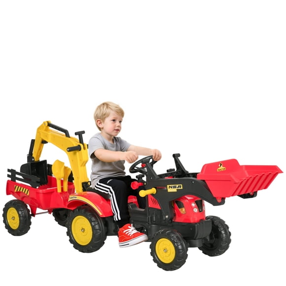 Aosom Jouet Excavatrice 3 en 1 pour Enfants à Chevaucher avec 6 Roues, Bulldozer avec Remorque de Chargement Contrôlable et Commandes à Pédale Faciles