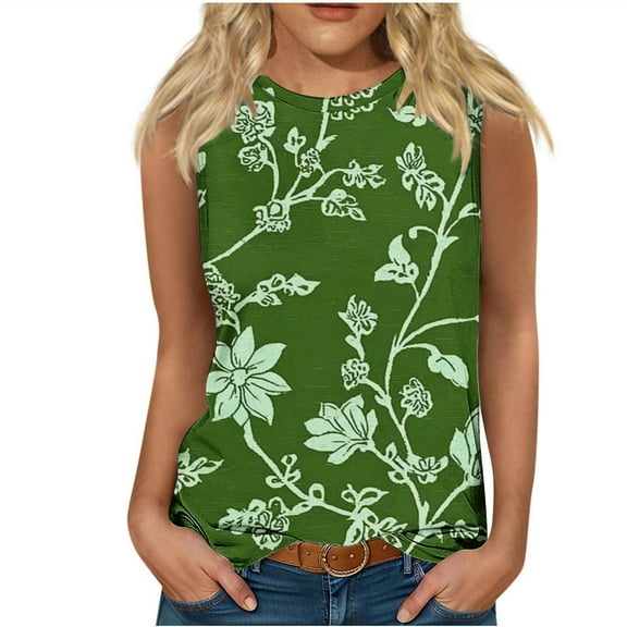 JTZGDY Cami Shirts for Women Vintage Floral Pattern Print Summer Sleeveless Crewneck Graphic T-Shirts Trendy Cozy Workout Tank Tops Green M