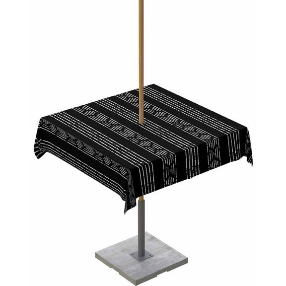 Black Boho Outdoor Square Tablecloth with Umbrella Hole 54x54,Bohemian Geometric Stripes Tribe Farmhouse Wrinklefree Wipeable Fabric Table Cloth Waterproof Zippered Cover for Camping Picnic Patio
