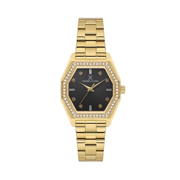 Daniel Klein Womens Watch, Octogon 28mm Metal Analog Watch, Japanese Quartz, Stainless Steel Strap - Gemstone Encrusted - Gold / Black Dial
