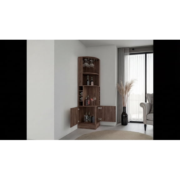 Tuhome Furniture Syrah Corner Bar and Wine Cabinet in Weathered Oak