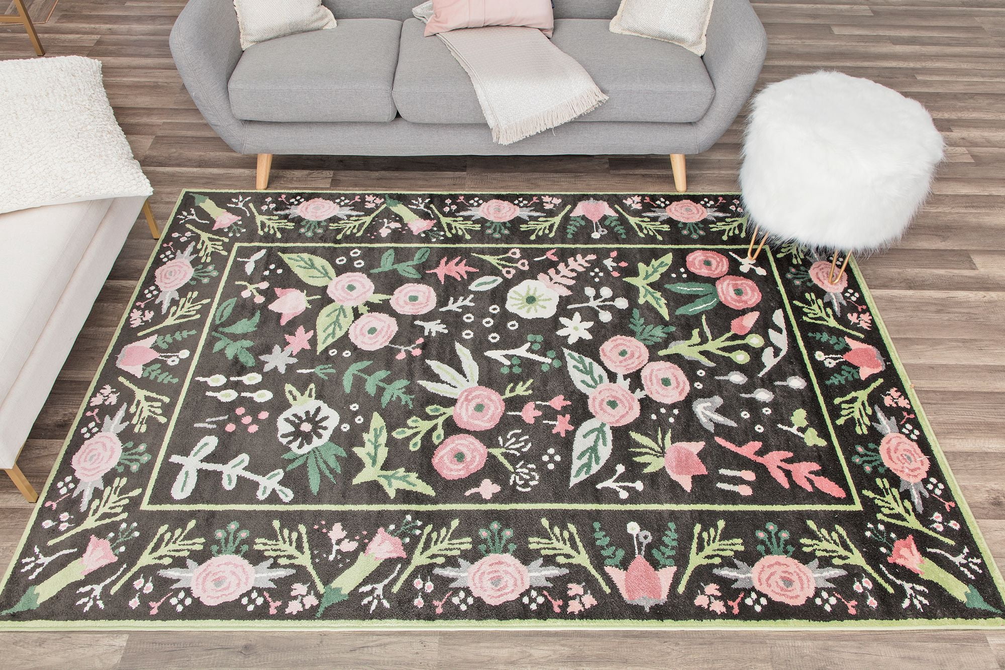Rugs America Hanna VA30A Gardenia Pink Onyx Floral Transitional Black Area Rug, 5'x7'