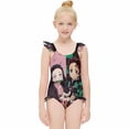 thumbnail image 3 of Kamado Nezuko Girls Swimsuit Ruffle One-piece Beachwear Kids Cute Swimwear Summer Bathing Suit 6-7Y（110cm）, 3 of 8