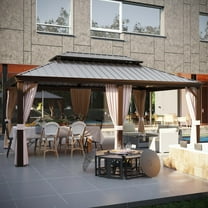 MeetLeisure 12' X 18' Double-Tier Hardtop Gazebo, Aluminum Metal Gazebo with Reinforced Galvanized Steel Roof Curtain and Netting