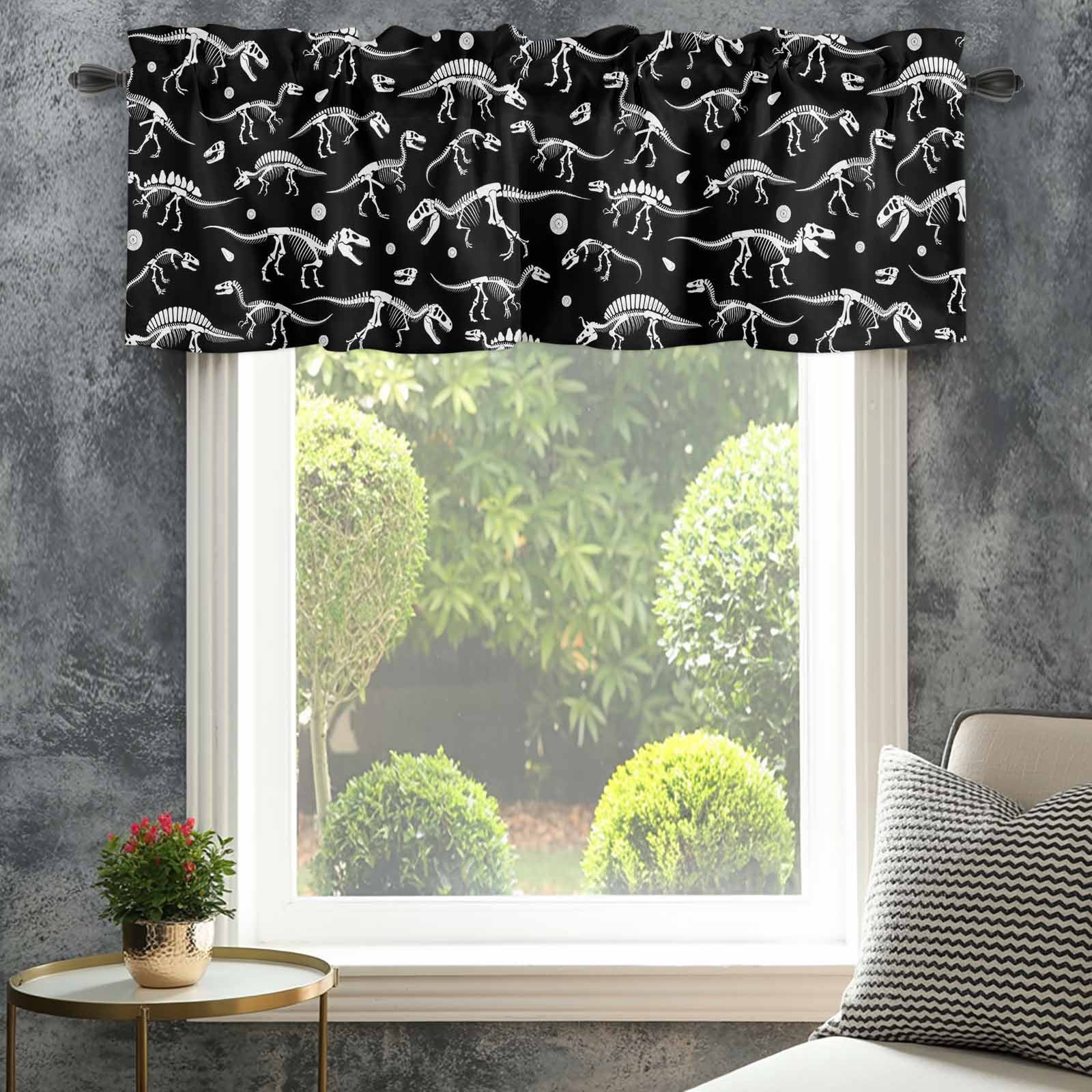 Halloween Dinosaur Black Kitchen Valances for Windows, Funny Dino Skull Boys Girls Children Bathroom Window Valances 60x18 Inch Window Treatments Valance Curtains for Living Room Bedroom Decor