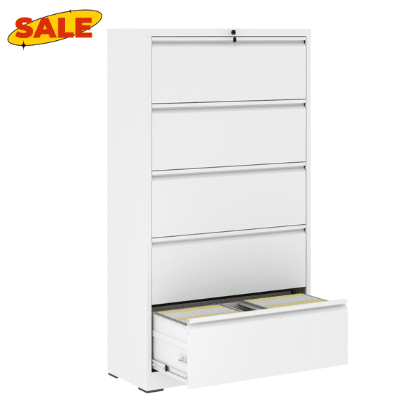 Hassch 5-Drawer File Cabinet with Lock, Home Office Metal Filing Cabinet for Legal/Letter/A4/F4 Size, White