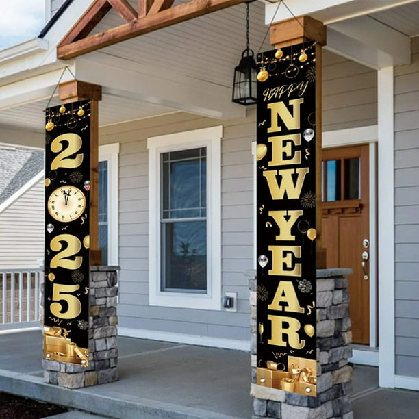 Banner de puerta de Feliz Año Nuevo 2025 en color negro fácil de