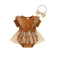 thumbnail image 2 of Baby Girls Rompers Dress Short Sleeve Bowknot Flower Print Mesh Skirt Hem Infant Bodysuits Summer Clothes with Headband, 2 of 10
