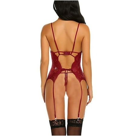 

Juebong Womens Plus Size Clearance $5 Women Elegant Fashion Sexy Lingerie Lace Gauze Underwear Bodysuit Suit Wine XXL