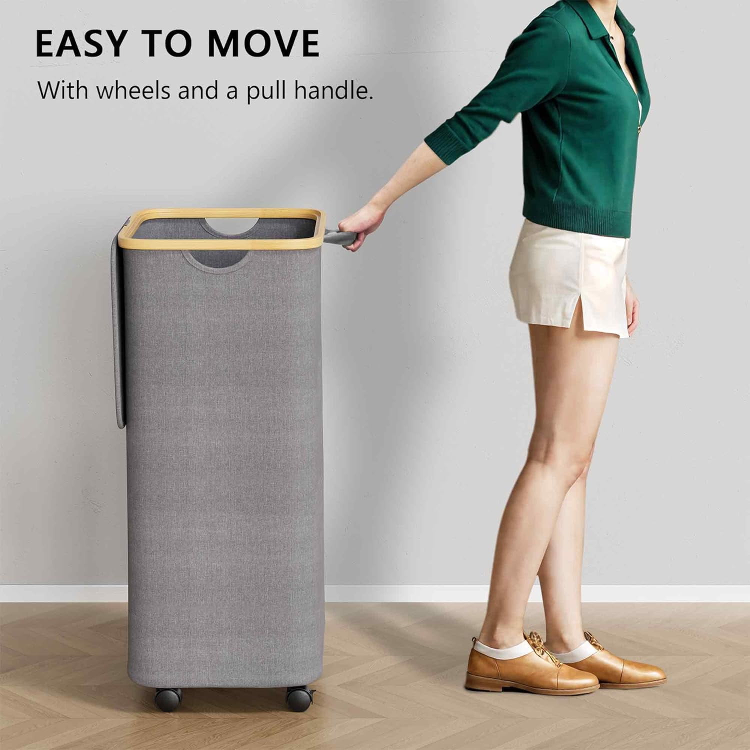 【HOSTK】100L Foldable Laundry Hamper on Wheels - Grey Clothes Basket with Lid & Bamboo Handles for Bedroom, Bathroom, Dorm