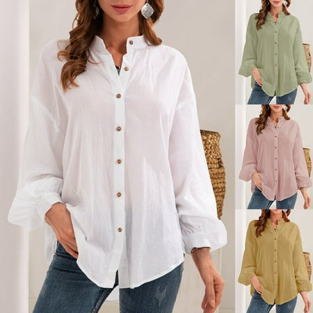 

Yinreli Women Blouse Long Sleeve Breathable Stand Collar Pure Color Shirt Streetwear for Daily Wear