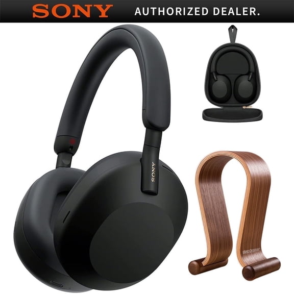Pre-Owned Sony WH-1000XM5 Wireless Industry Leading Noise Canceling Headphones, Black Bundle with Deco Gear Wood Headphone Display Stand and Protective Travel Carry Case