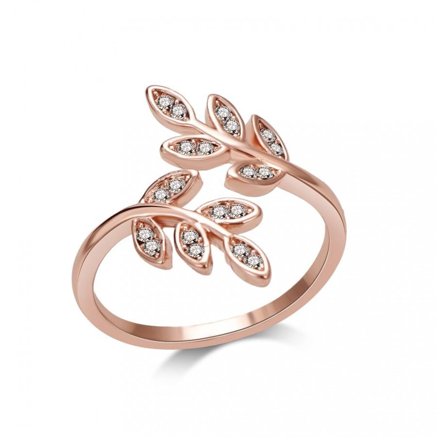 Rose Gold Leaf Ring Created with Zircondia® Crystals