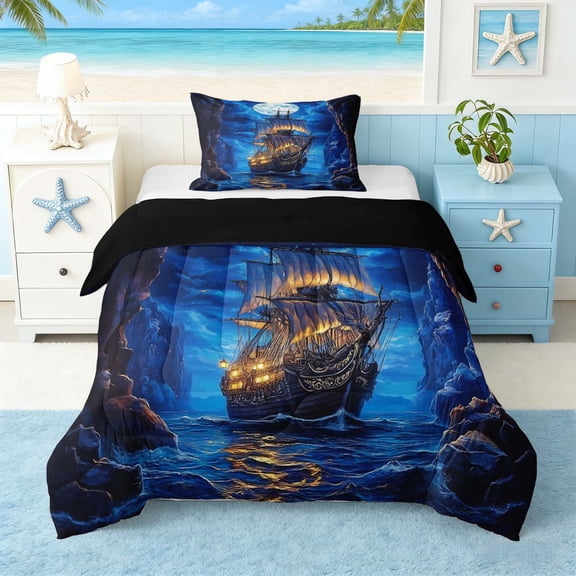 Manfei Magical Sailboat Canyon Ocean Twin Comforter Sets for Kids Boys and Girls, Nautical Fantasy Print Bedding Set, Black Reversible 2-Piece, 1 Comforter and 1 Pillowcase
