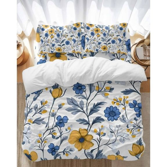 Vintage Yellow Blue Flower Bedding Duvet Cover Set Full Size 4 Pieces Abstract Floral Bedding Set with Zipper Closure, 1 Comforter Cover 86x86 Inches 1 Flat Sheet & 2 Pillow Cases
