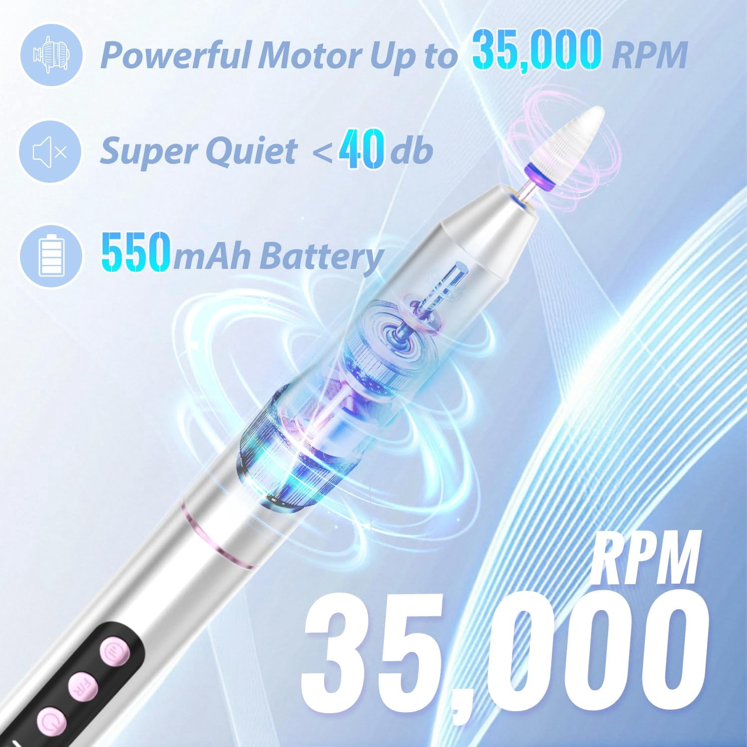 Cordless Electric Nail Drill File: 35000RPM Professional Nail Drill Machine with UV LED Nail Lamp Charging Base, Manicure Pedicure Kit E File for Acrylic Gel Dip Powder Polish Silver