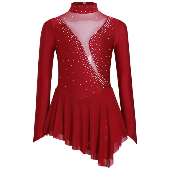 Doomiva Kids Girls Glittery Rhinestones Mesh Splice Figure Ice Skating Gymnastics Leotard Dress Ballet Dancewear Burgundy 14