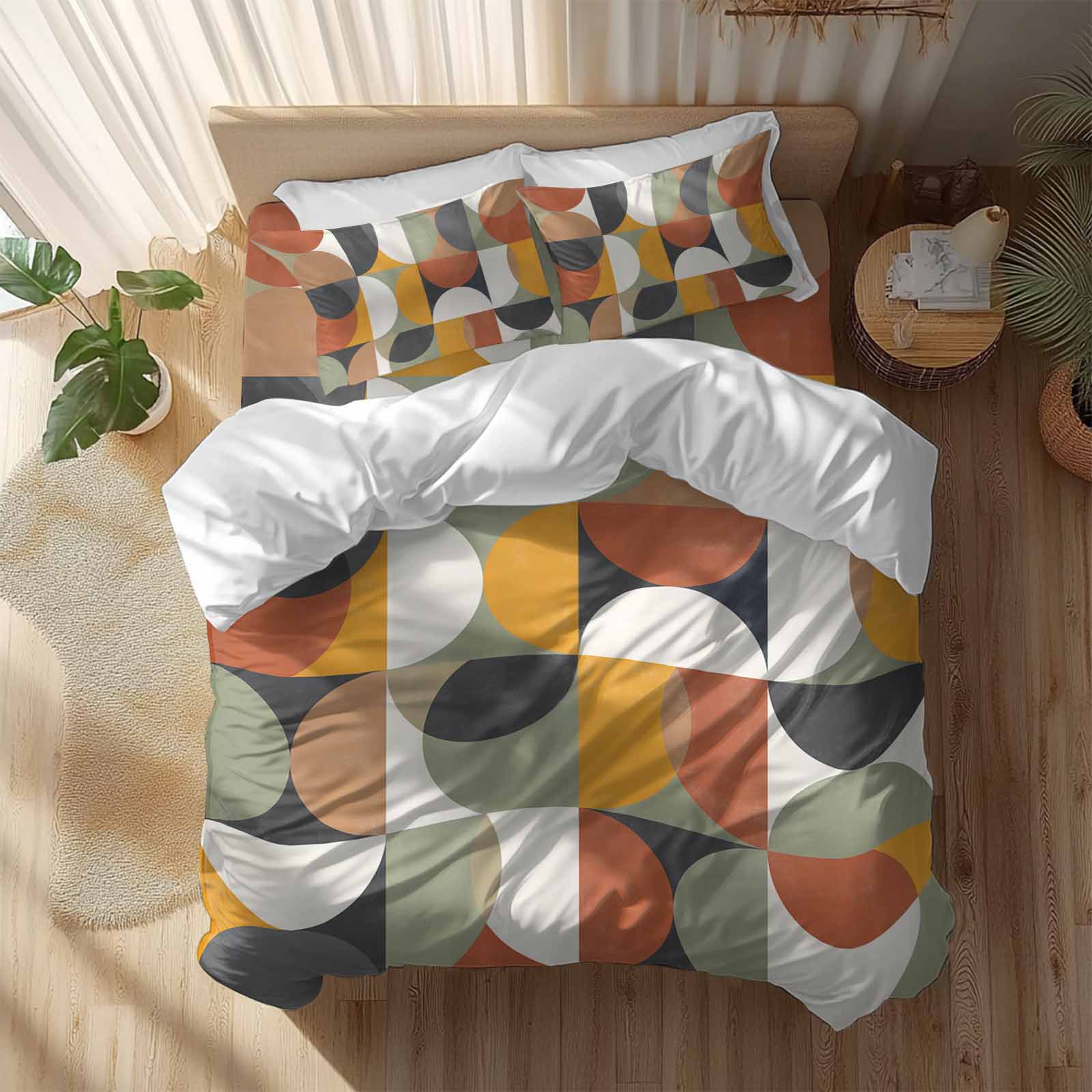 Mid-Century Modern Duvet Cover Set King Size, Abstract Geometric Semicircle Green 4 Piece Soft Microfiber Bedding Set with 1 Duvet Cover, 1 Flat Sheet, 2 Pillowcases