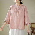 thumbnail image 4 of Womens Mandarin Collar Cotton Linen Blouse Retro Embroidery Chinese Buttons Tunic Tops Breathable Casual Summer Shirts, 4 of 4