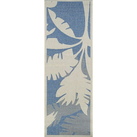 Couristan 2.25' x 7.8' Blue and Ivory Floral Rectangular Outdoor Area Throw Rug Runner
