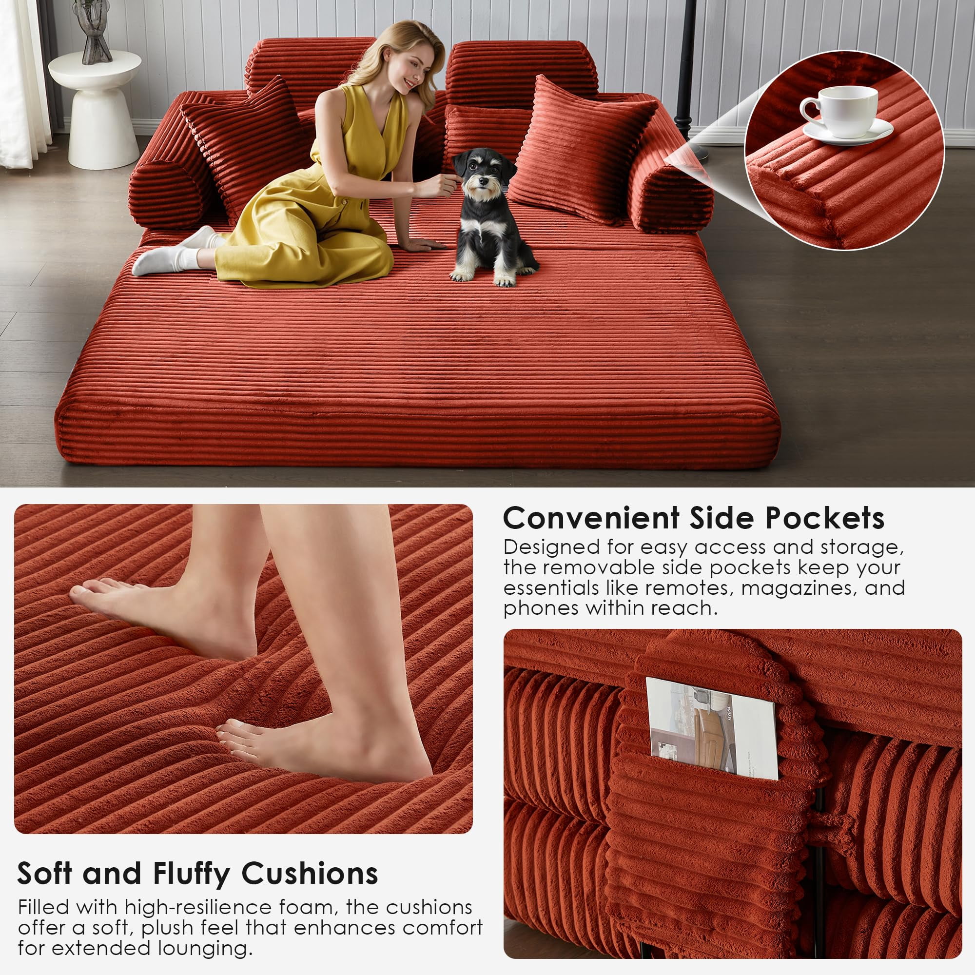 Howcool 78.5" Convertible Sleeper Sofa Bed, Corduroy Foldable Loveseat, Boneless Memory Foam Couch Bed for Living Room, Queen to King Size, No Assembly,Orange