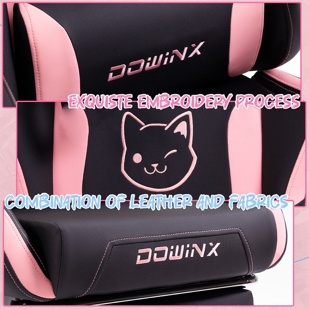 KARXAS Adult Cat Leather PC Gaming Chair with Massage Lumbar and Footrest,  Black and Pink
