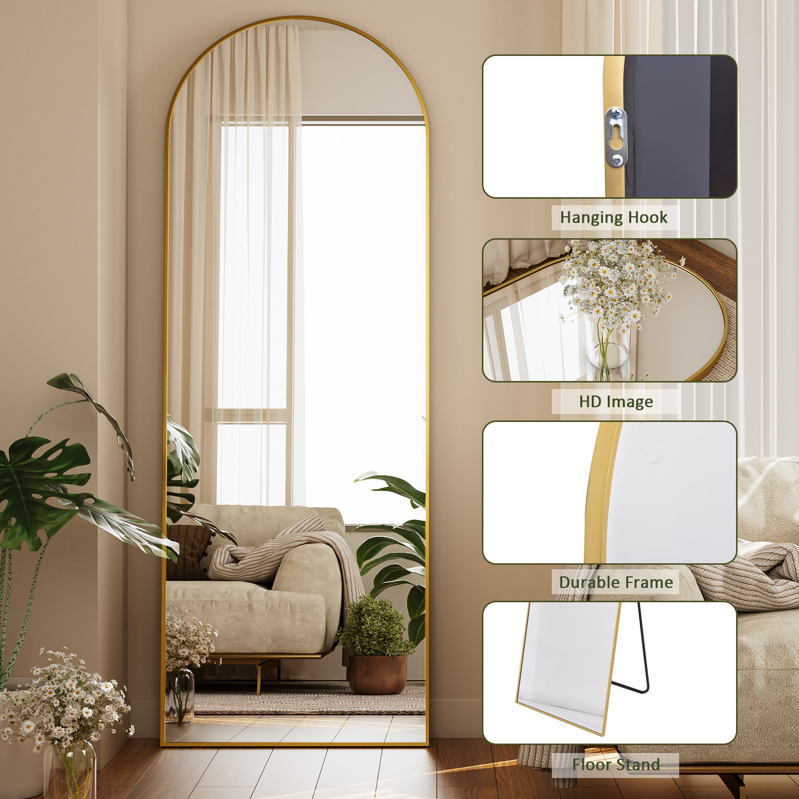 Mirrosa 22.1"x68" Arched Full Length Mirror with Stand Standing Mirror,Gold