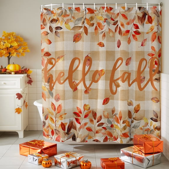 Shower Curtain,Fall Thanksgiving Autumn Botanical Leaves Waterproof Shower Curtain Set with Hooks for Bathroom Showers,Stalls and Bathtubs,72x72in,Rustic Plaid Linen