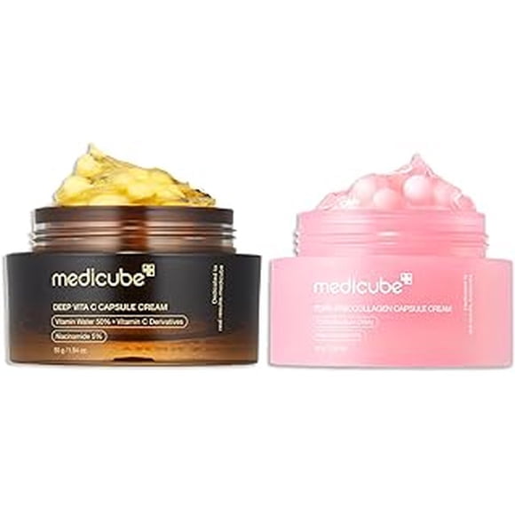 Dúo para piel irregular y firme: crema hidratante facial con cápsulas doradas y vitamina C profunda y crema con cápsulas de colágeno rosa PDRN con ADN de salmón.