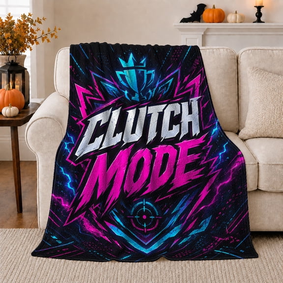 Clutch Mode Gaming Scene, Futuristic Neon Esports Graphic Style for Gamers, Trophy Aim Icon Theme and Birthday Gift, Cozy Flannel Blanket for Game Room Bedroom, Home Decor