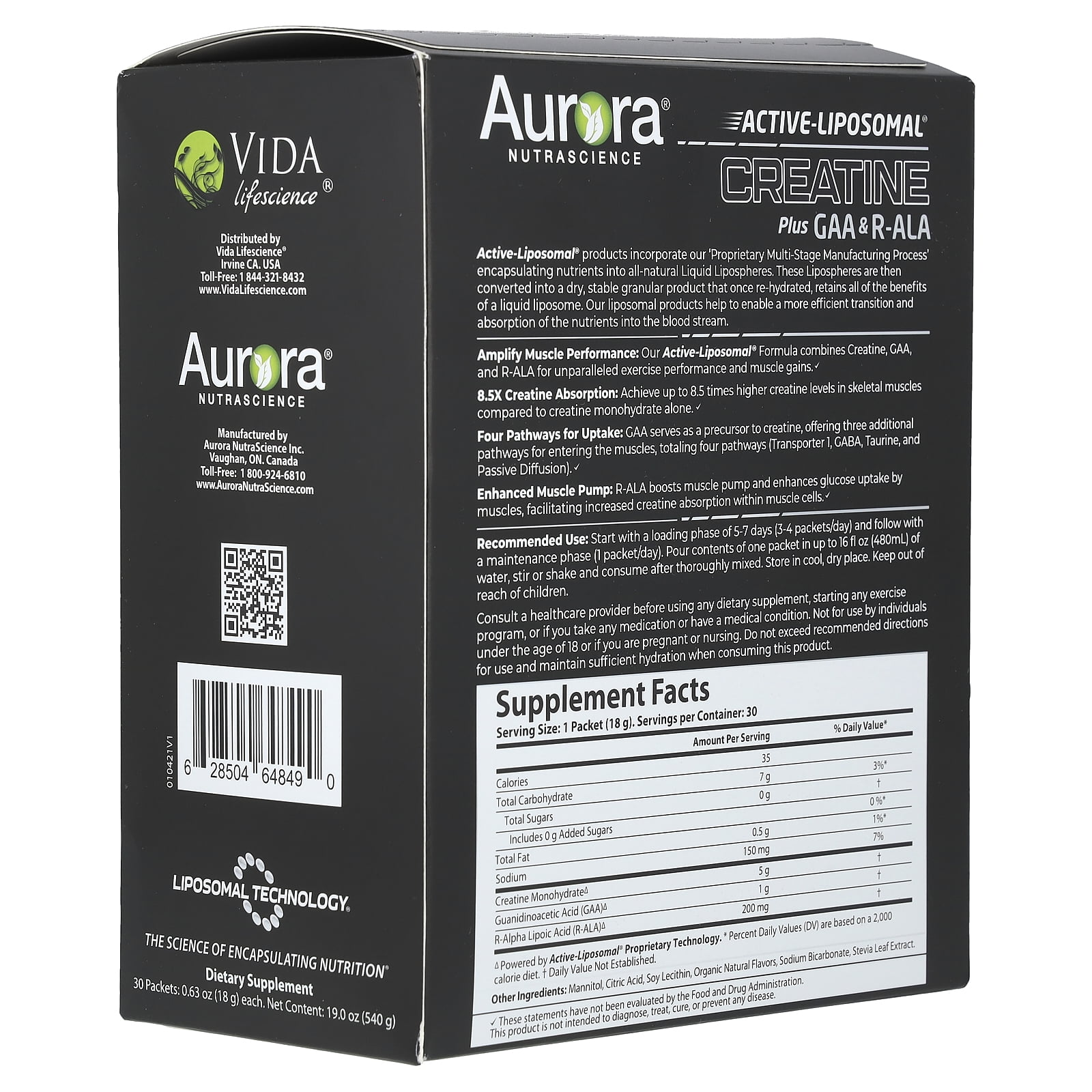 Aurora Nutrascience Active Liposomal®, Creatine Plus GAA & R-ALA, 30 Packets, 0.63 oz (18 g) Each