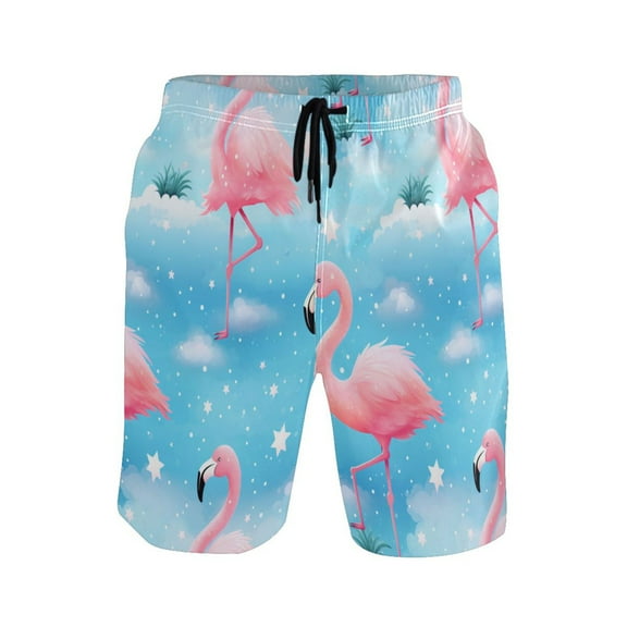 joogoo Men's Swim Trunks Flamingo and Stars Beach Shorts with Pockets XL