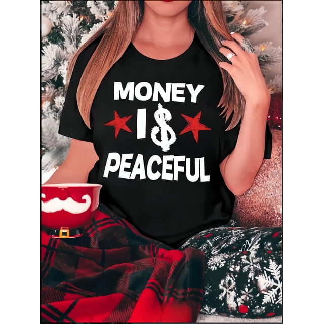 Camisetas De Manga Corta Para Mujer, Camisetas De Verano Para Deportes, Pesca, SenderismoWomen's Fashionable Peace Star Graphic Tee - Casual Round Neck Short Sleeve, Comfortable Polyester Blend Summ