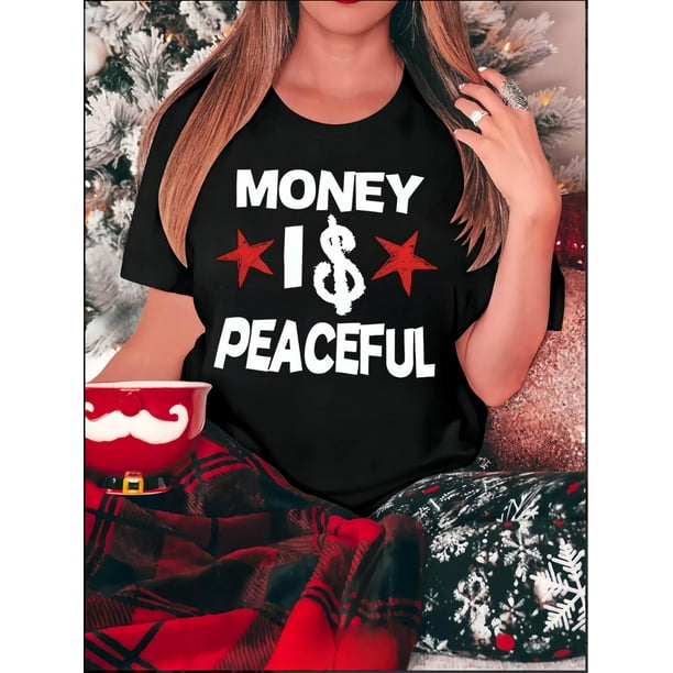 Women's Fashionable Peace Star Graphic Tee - Casual Round Neck Short Sleeve, Comfortable Polyester Blend Summer Top with "MONEY IS PEACEFUL" Print