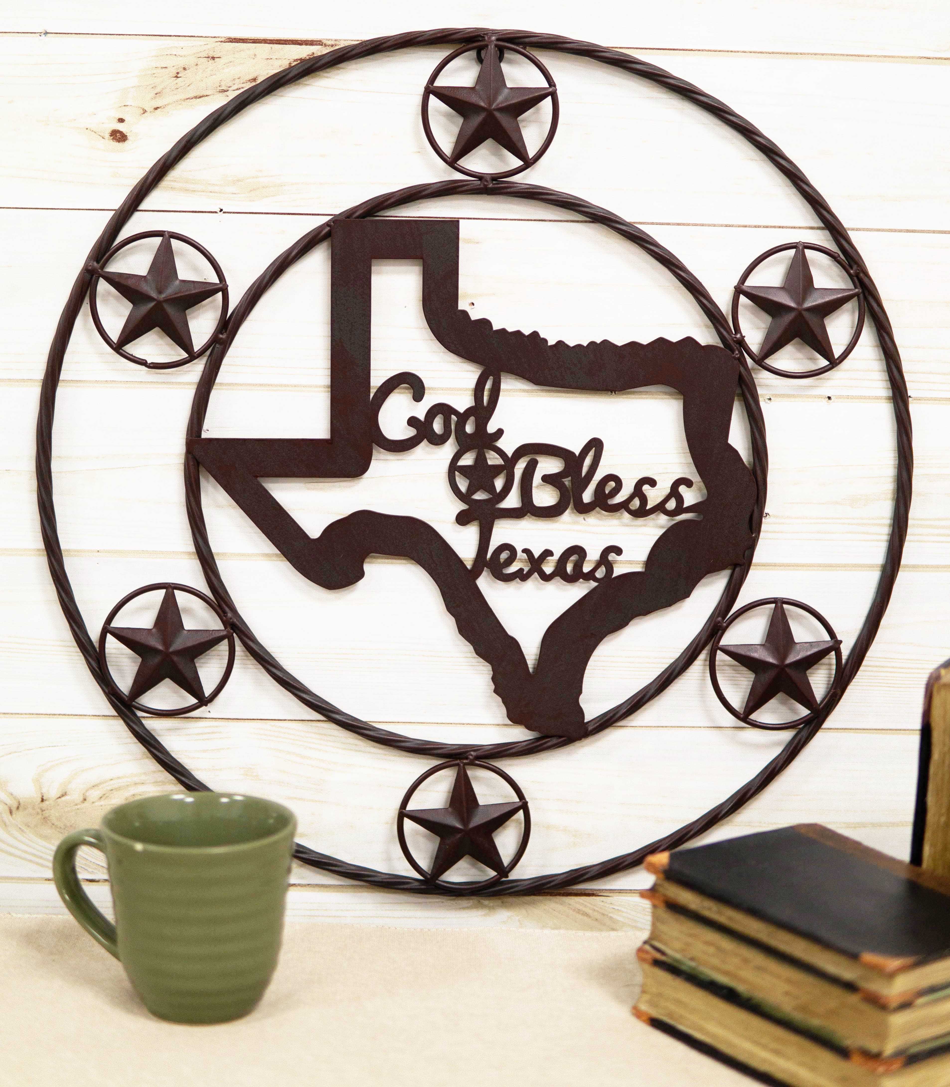 20"D Vintage Rustic Western Star God Bless Texas Metal Circle Wall