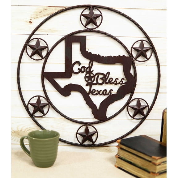20"D Vintage Rustic Western Star God Bless Texas Metal Circle Wall Hanging Decor