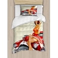 thumbnail image 1 of Pin up Girl Twin Size Duvet Cover Set, A Ginger Lady with Red White Polka Dotted Dress Sitting on a Classic Retro Car, Decorative 2 Piece Bedding Set with 1 Pillow Sham, Multicolor, by Ambesonne, 1 of 3