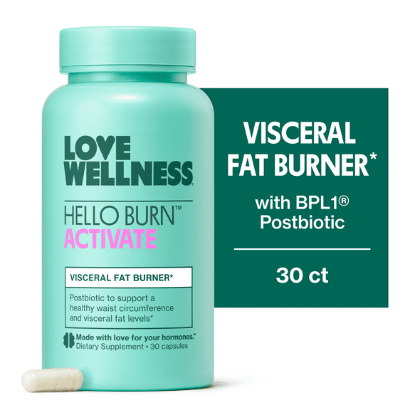 Love Wellness Hello Burn Activate, Metabolism & Visceral Fat Support with HT-BPL1 Postbiotic, 30 Count