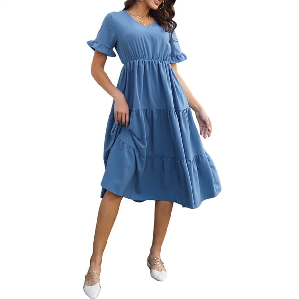 Vestido Informal de Mujer con Escote en V, Volantes y Corta, Corte A, Holgado, Midi Azul XL