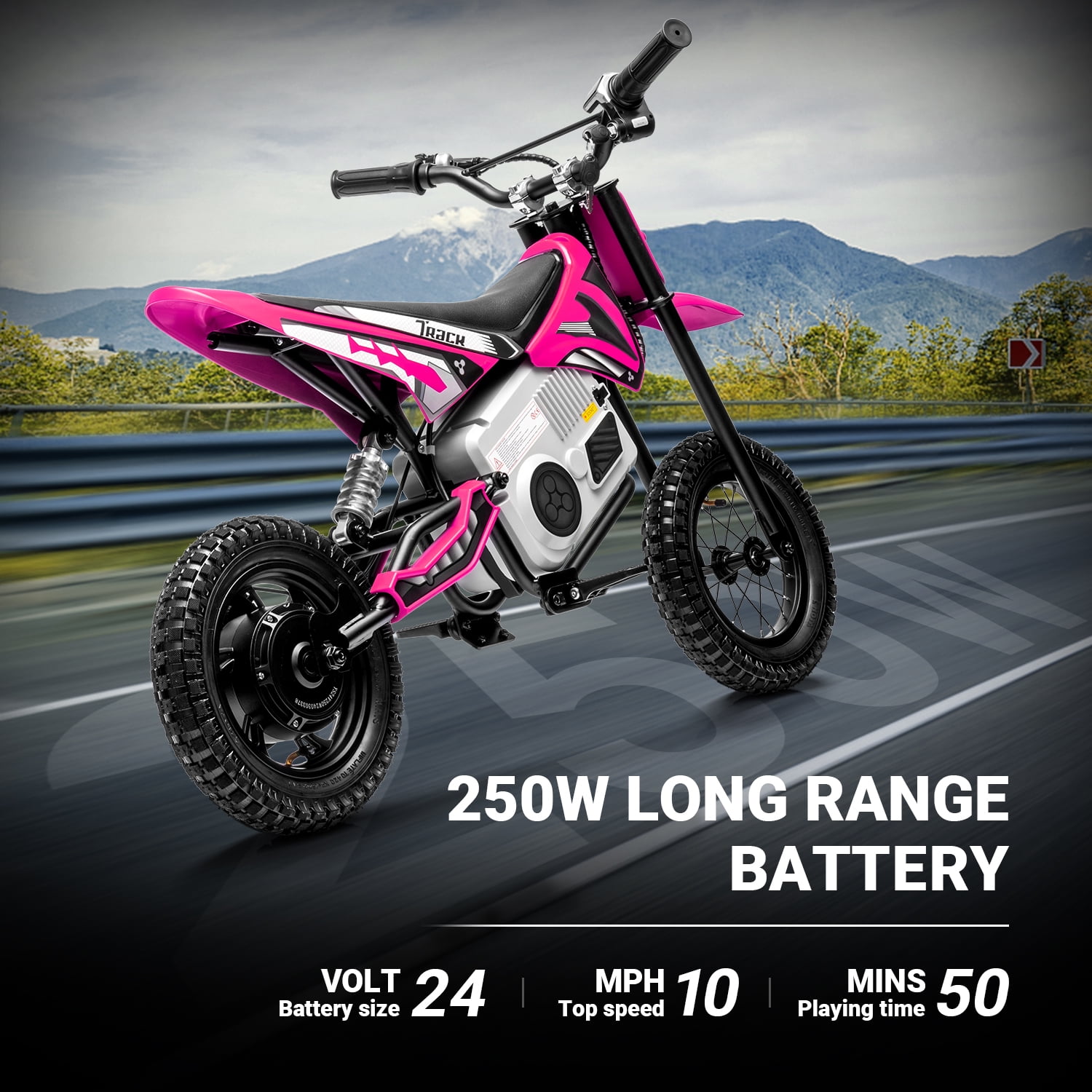 Track Seven 24V Electric Dirt Bike, 250W Ride on Motorcycle with Twist Grip Throttle, Hand-Operated Dual Brakes, Speed Up to 10 MPH, for Age 8-12, Pink